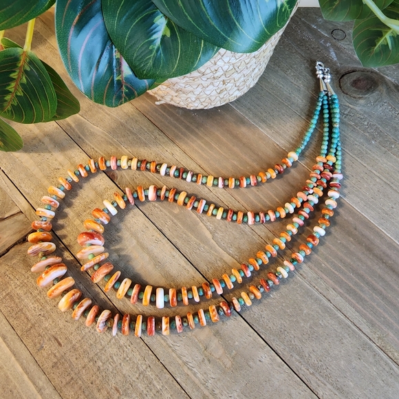 Helen Little Jewelry - Navajo Helen Little Turquoise & Spiny Oyster Heishi 25" Double Strand Necklace